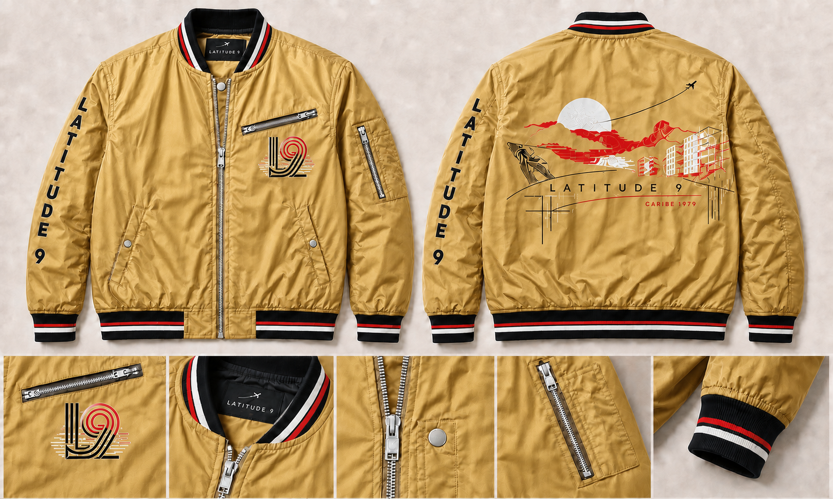 Latitude 9 Caribe 1979 Bomber Jacket in Antique Gold / Red / Black, shown front, back, and with construction details