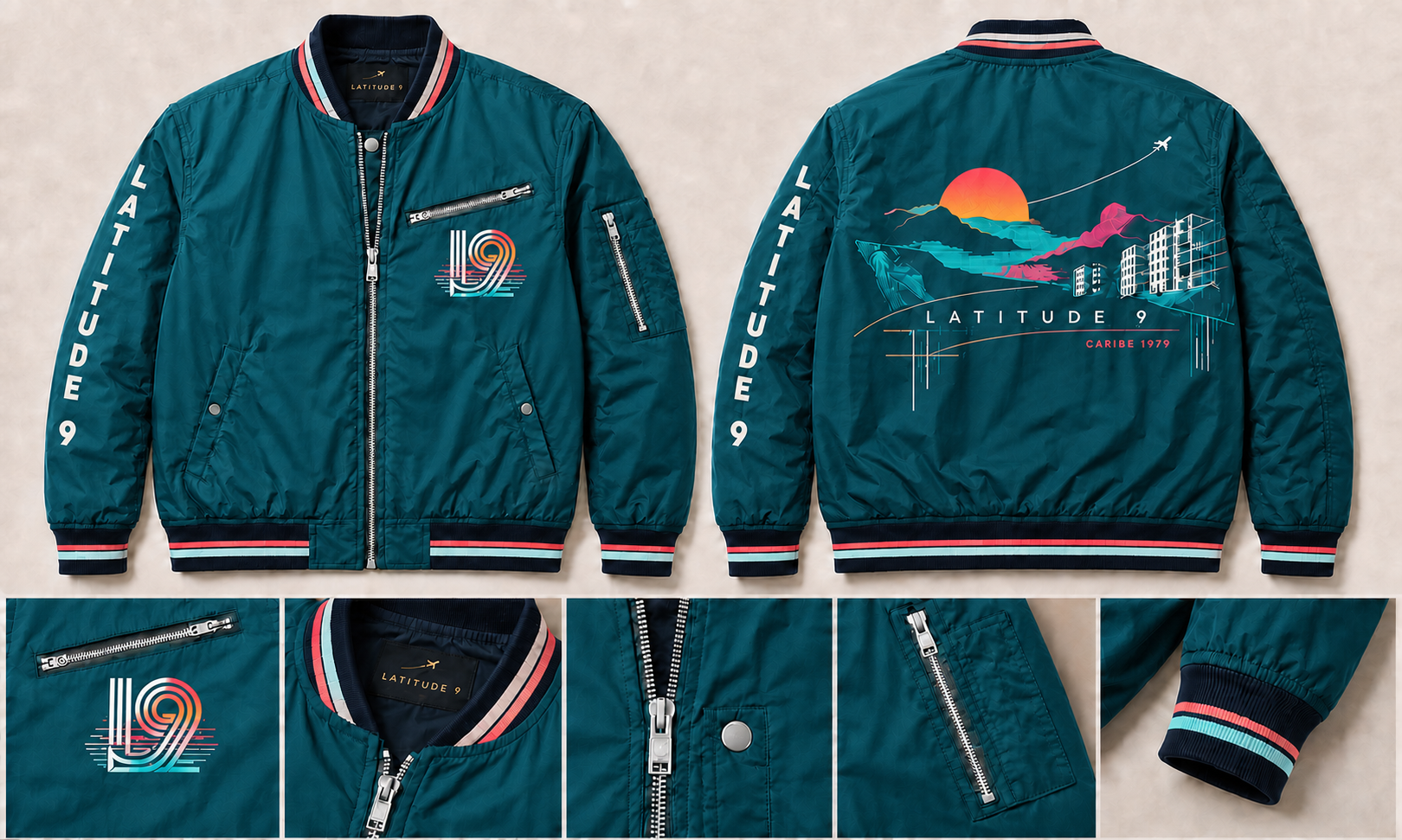 Latitude 9 Caribe 1979 Bomber Jacket in Miami Caribe '84, shown front, back, and with construction details