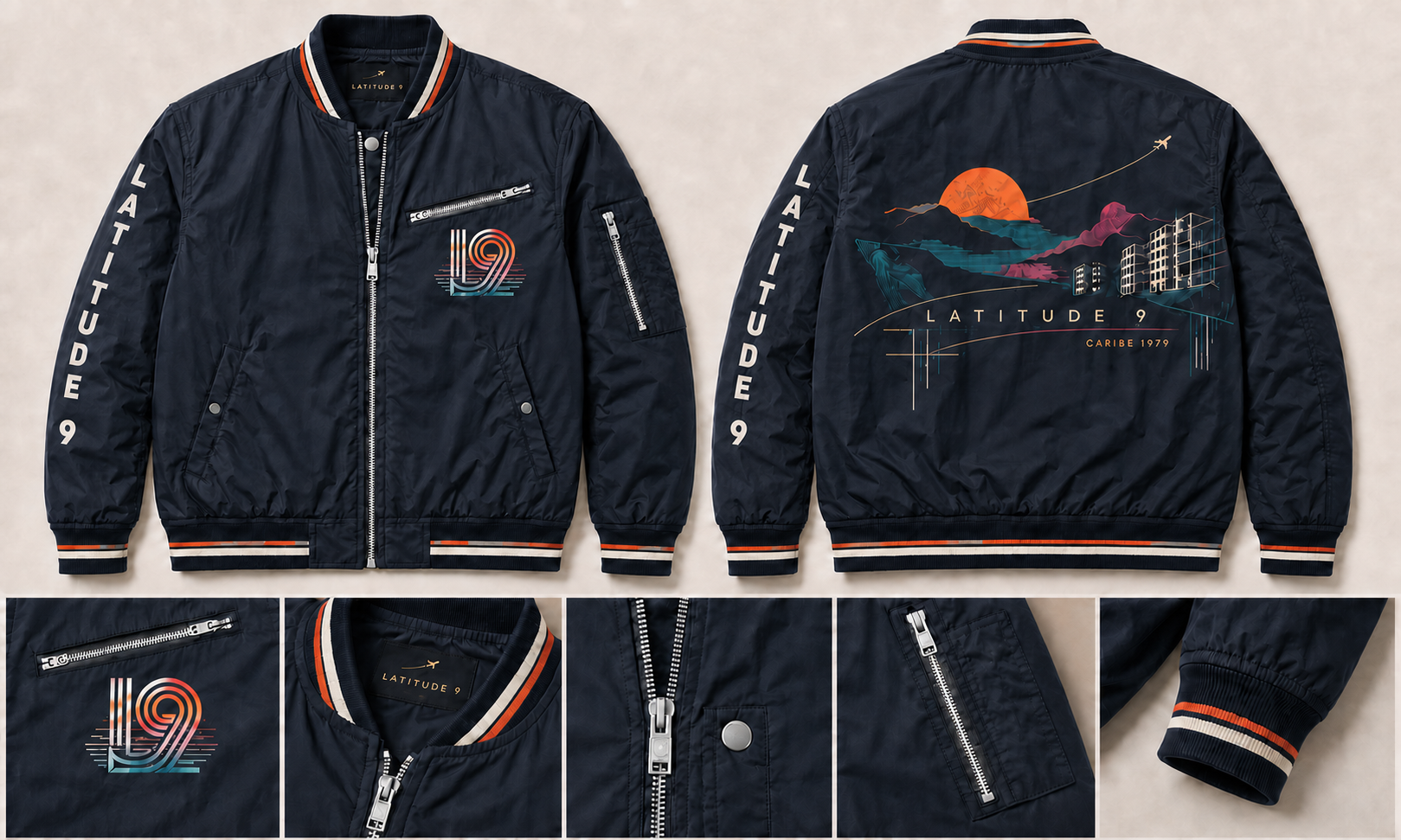 Latitude 9 Caribe 1979 Bomber Jacket in Midnight Navy, shown front, back, and with construction details