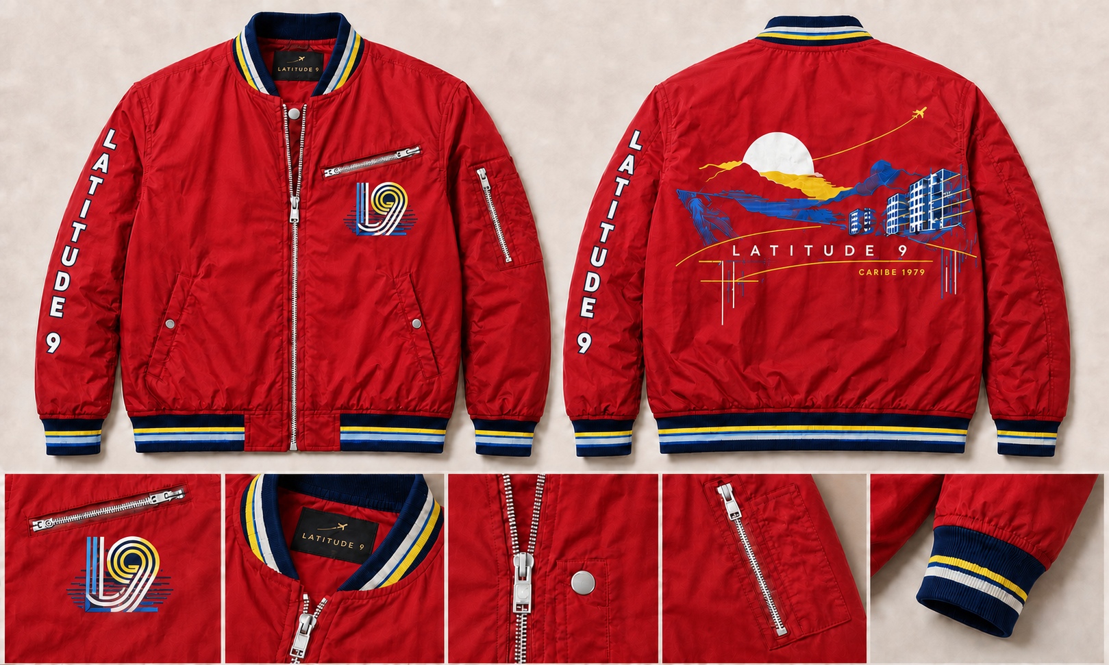 Latitude 9 Caribe 1979 Bomber Jacket in Caribe Racing Red, shown front, back, and with construction details