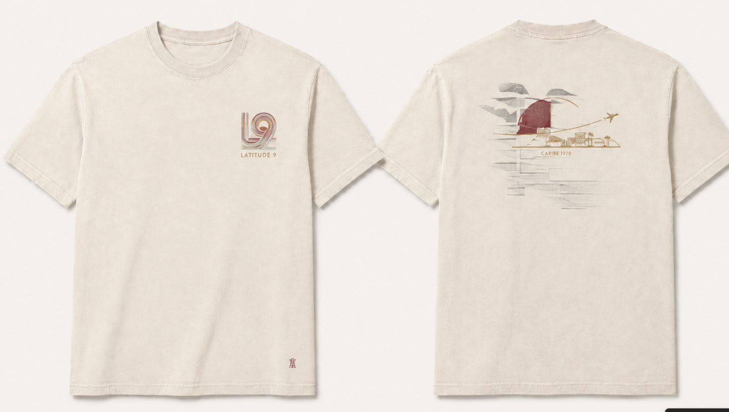 Latitude 9 Caribe 1979 Tee in Vintage Bone, shown from the front and back
