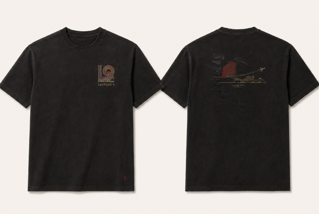 Latitude 9 Caribe 1979 Tee in Washed Black, shown from the front and back