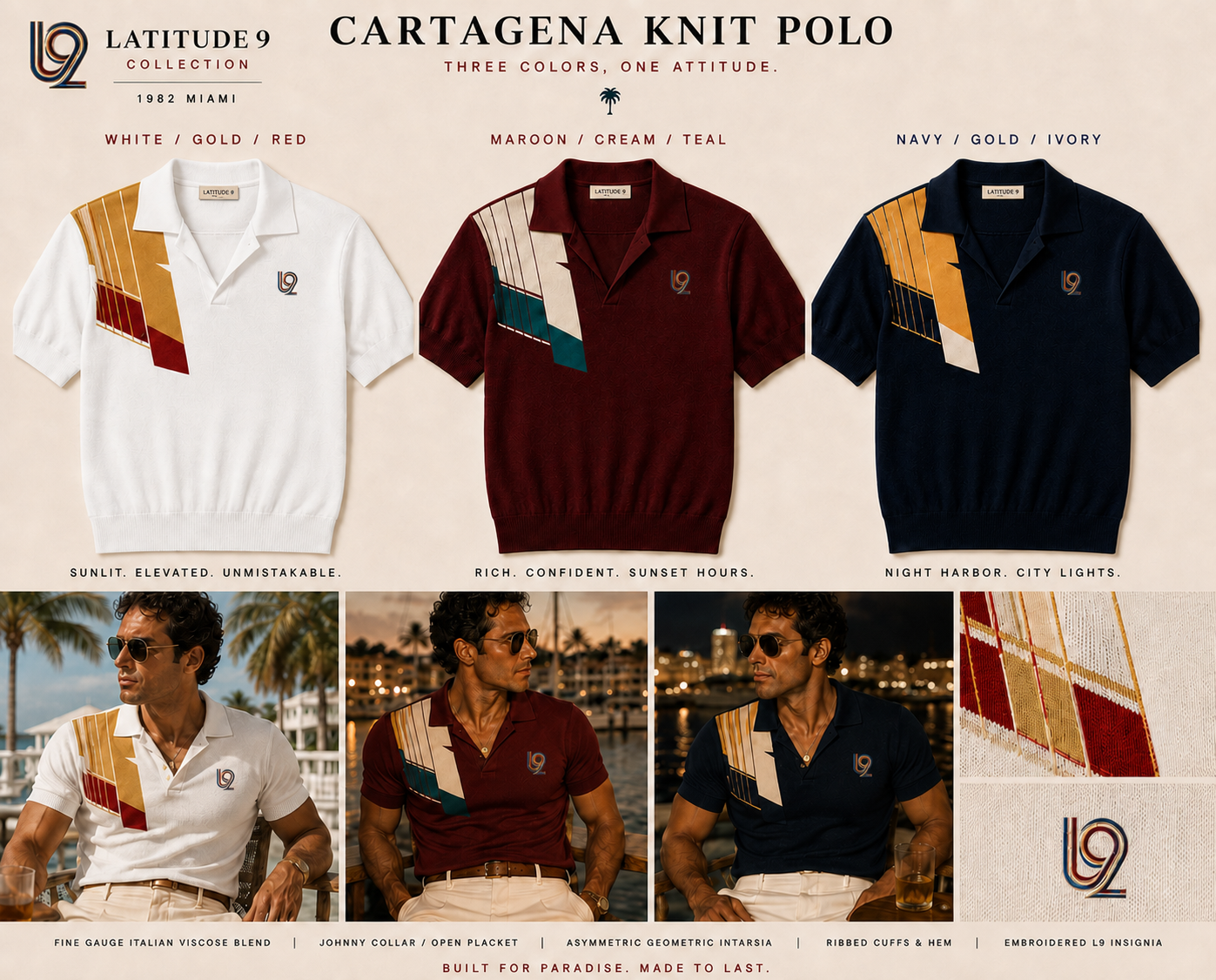 Latitude 9 Cartagena Knit Polo collection in white, maroon, and navy, shown as full product views and Caribbean lifestyle looks