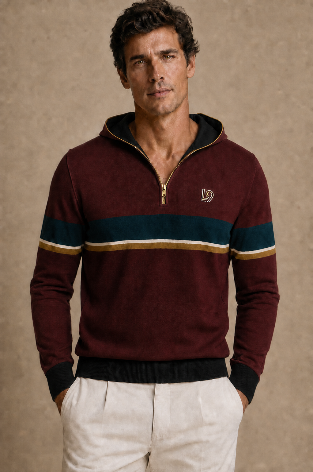 Latitude 9 Hooded Resort Knit in Burgundy / Deep Teal with horizon stripes and compact embroidered L9 chest logo