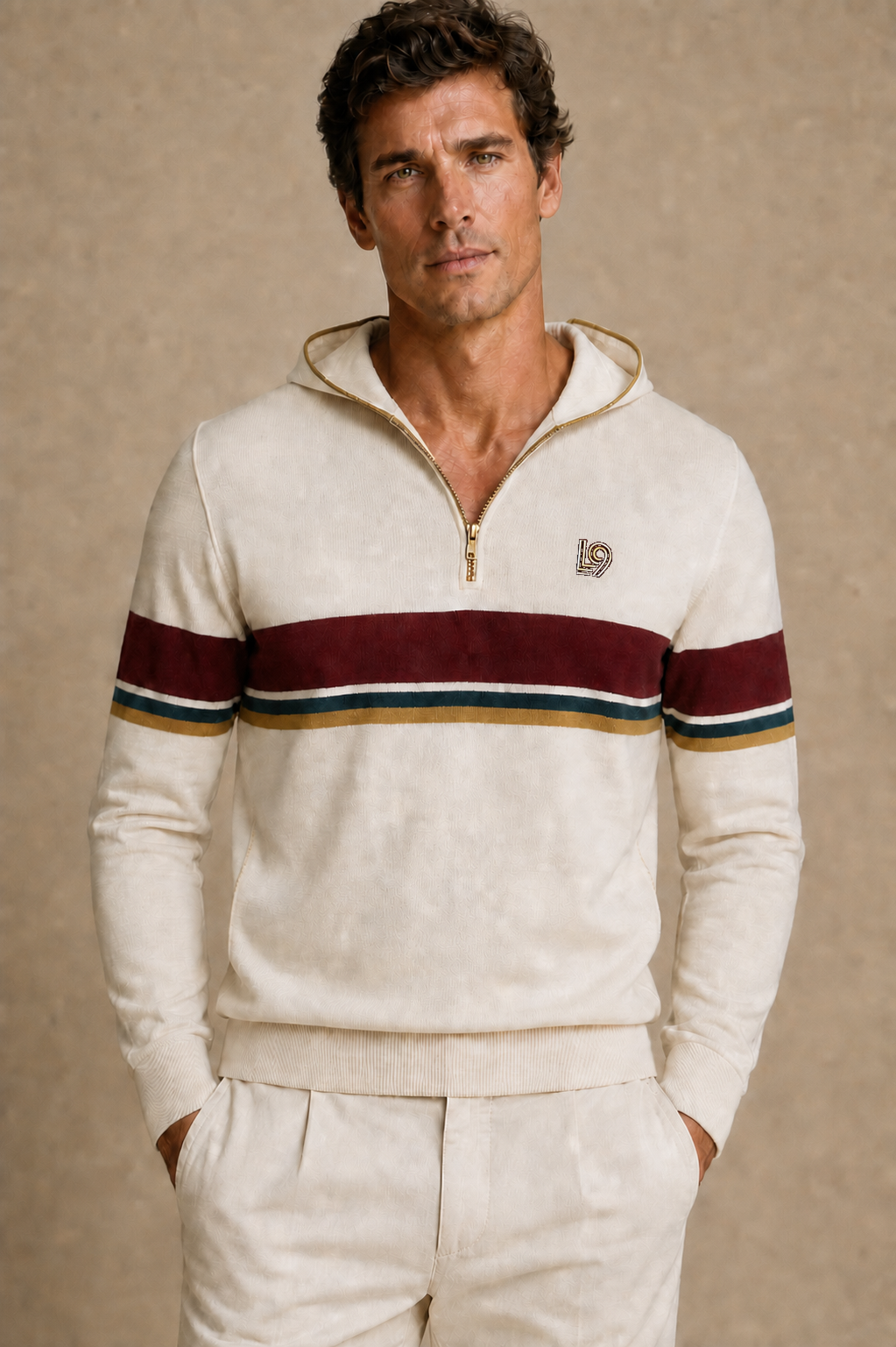 Latitude 9 Hooded Resort Knit in Warm Cream / Oxblood with horizon stripes and compact embroidered L9 chest logo
