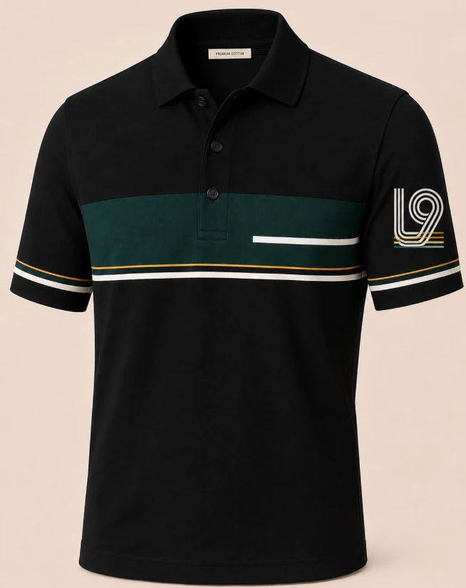 Latitude 9 L9 Horizon Polo in Black / Teal with contrast chest stripe and L9 sleeve mark