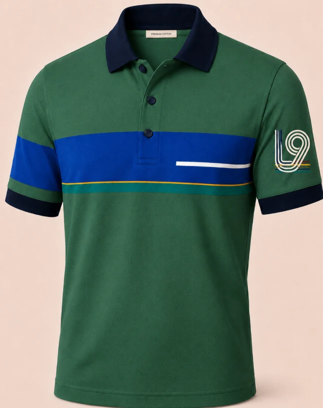 Latitude 9 L9 Horizon Polo in Green / Cobalt with contrast chest stripe and L9 sleeve mark