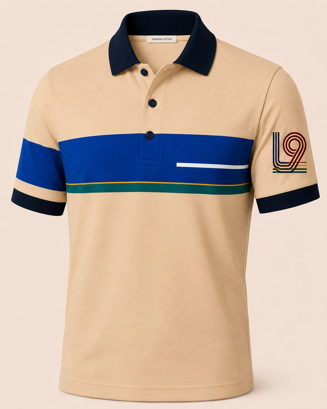 Latitude 9 L9 Horizon Polo in Sand / Cobalt with contrast chest stripe and L9 sleeve mark
