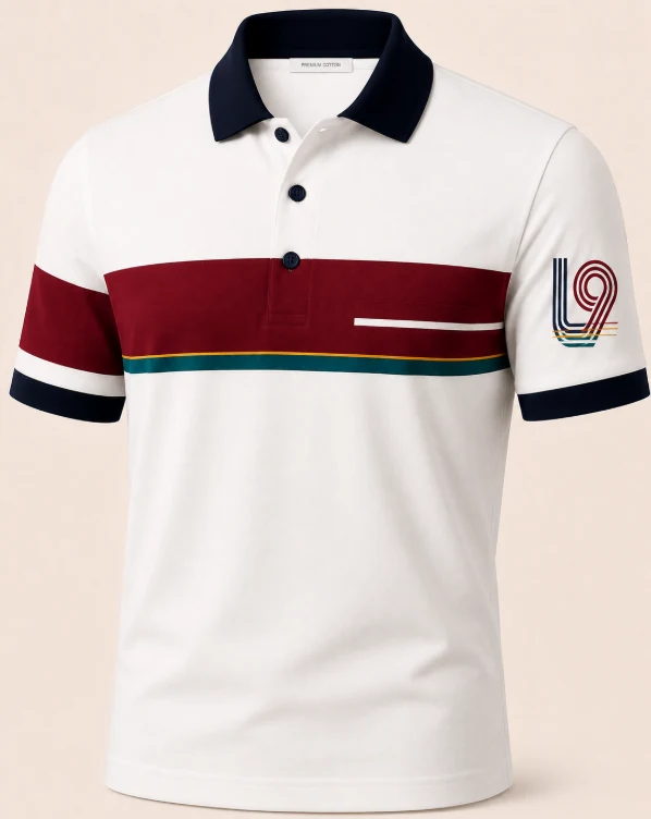 Latitude 9 L9 Horizon Polo in White / Oxblood with contrast chest stripe and L9 sleeve mark