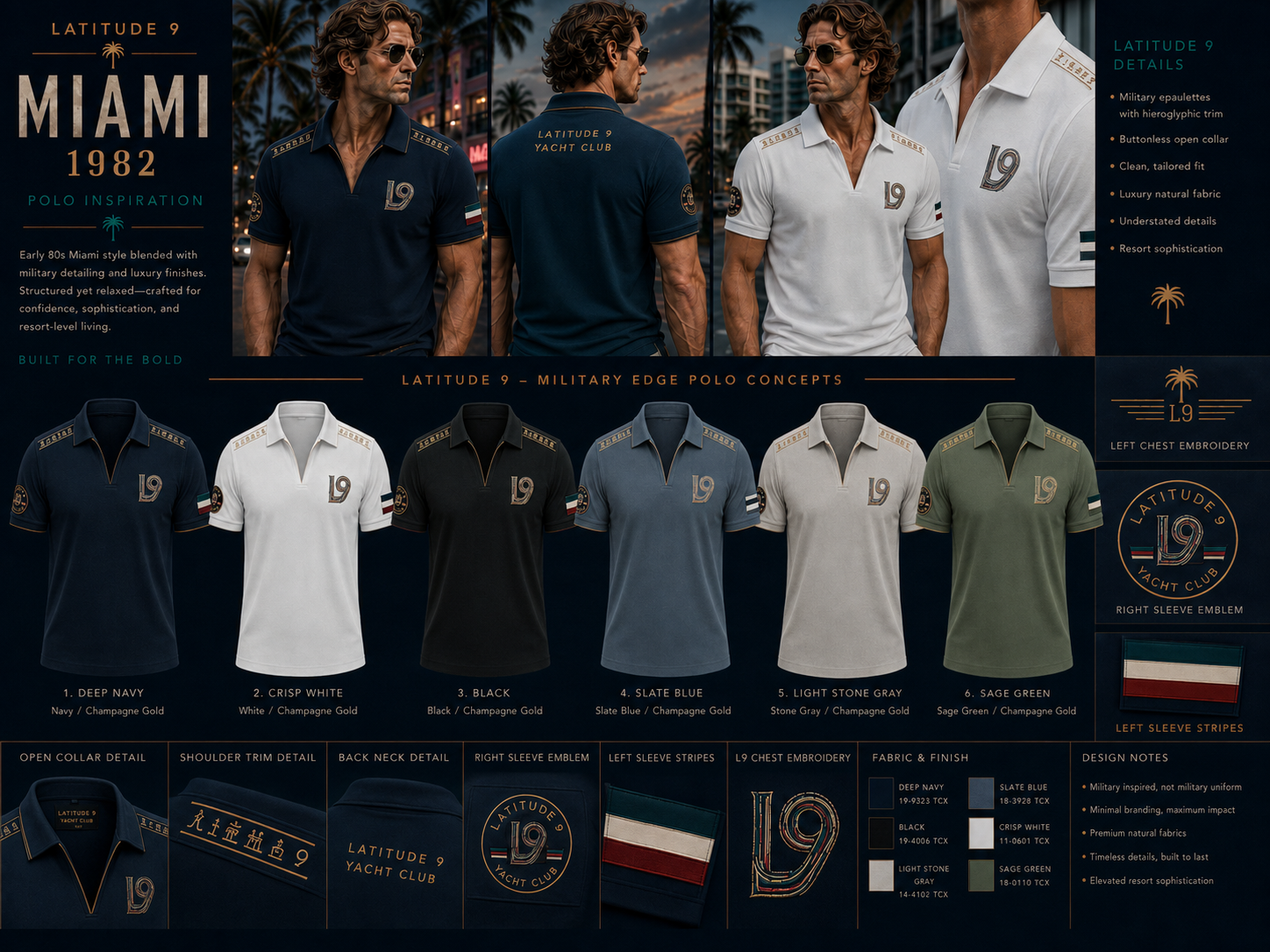Latitude 9 Miami 1982 Military Edge Polo collection in Deep Navy, Crisp White, Black, Slate Blue, Light Stone Gray, and Sage Green