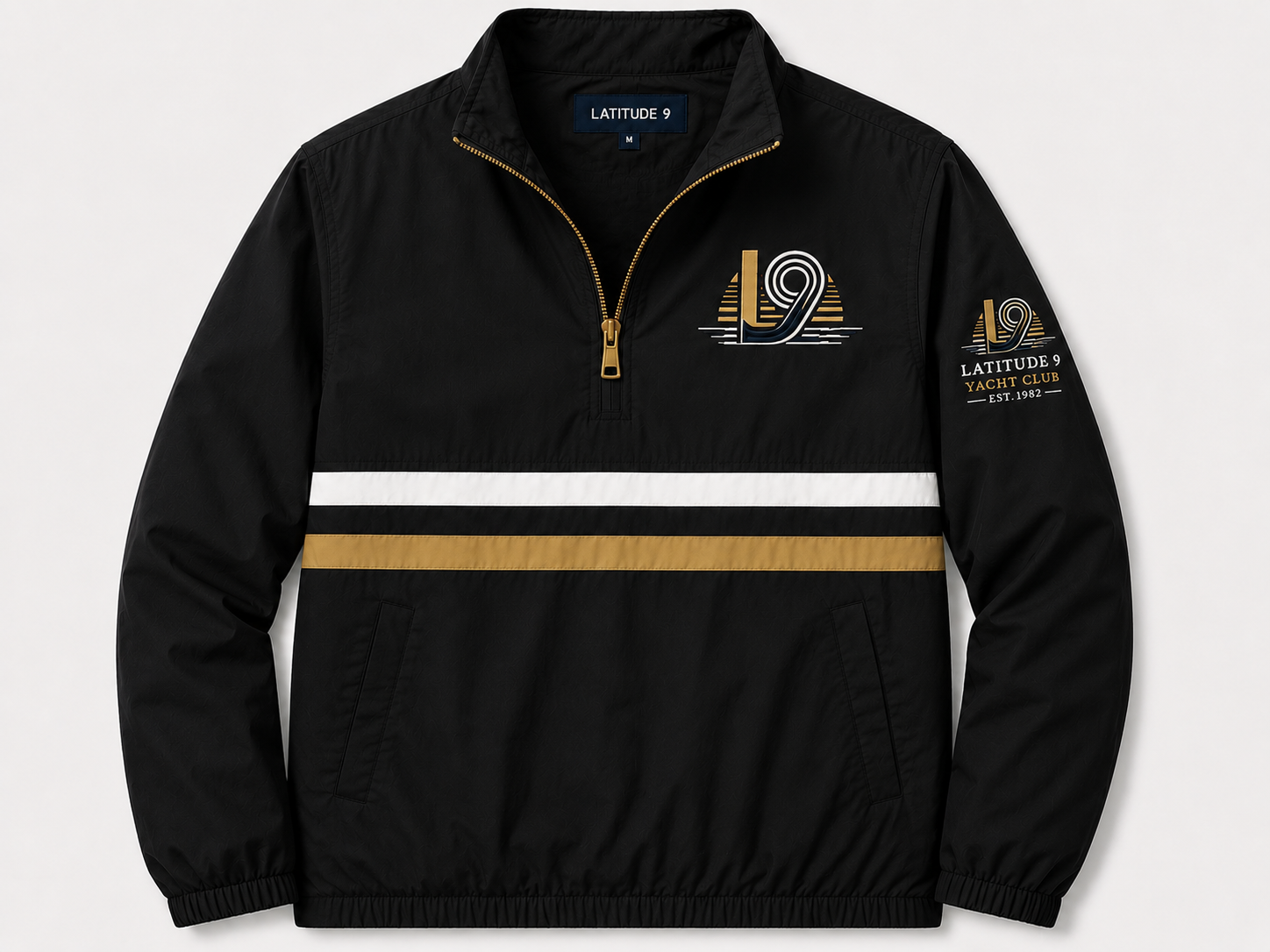 Latitude 9 Yacht Club Quarter-Zip Windbreaker in Black / White / Gold