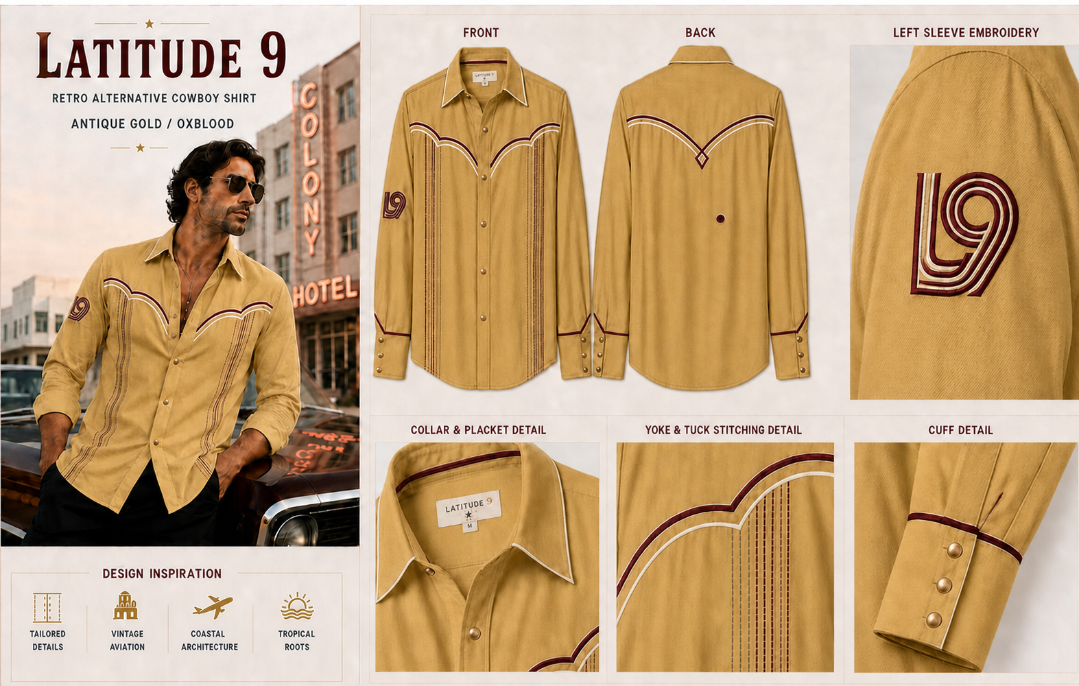 Latitude 9 Western Alternative Fashion Shirt in Antique Gold / Oxblood, shown with front, back, embroidery, collar, yoke, and cuff details