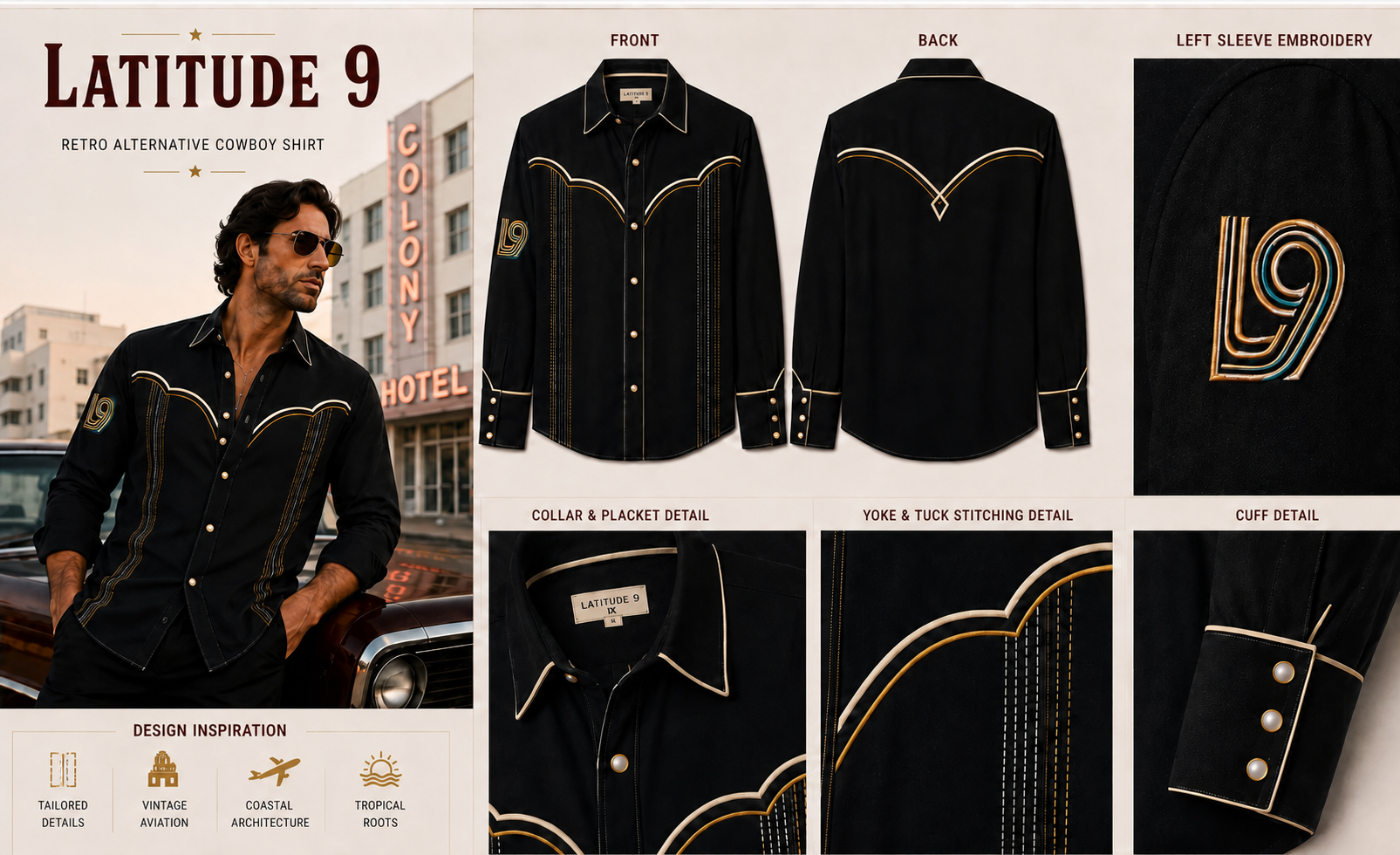 Latitude 9 Western Alternative Fashion Shirt in midnight black with gold topstitching