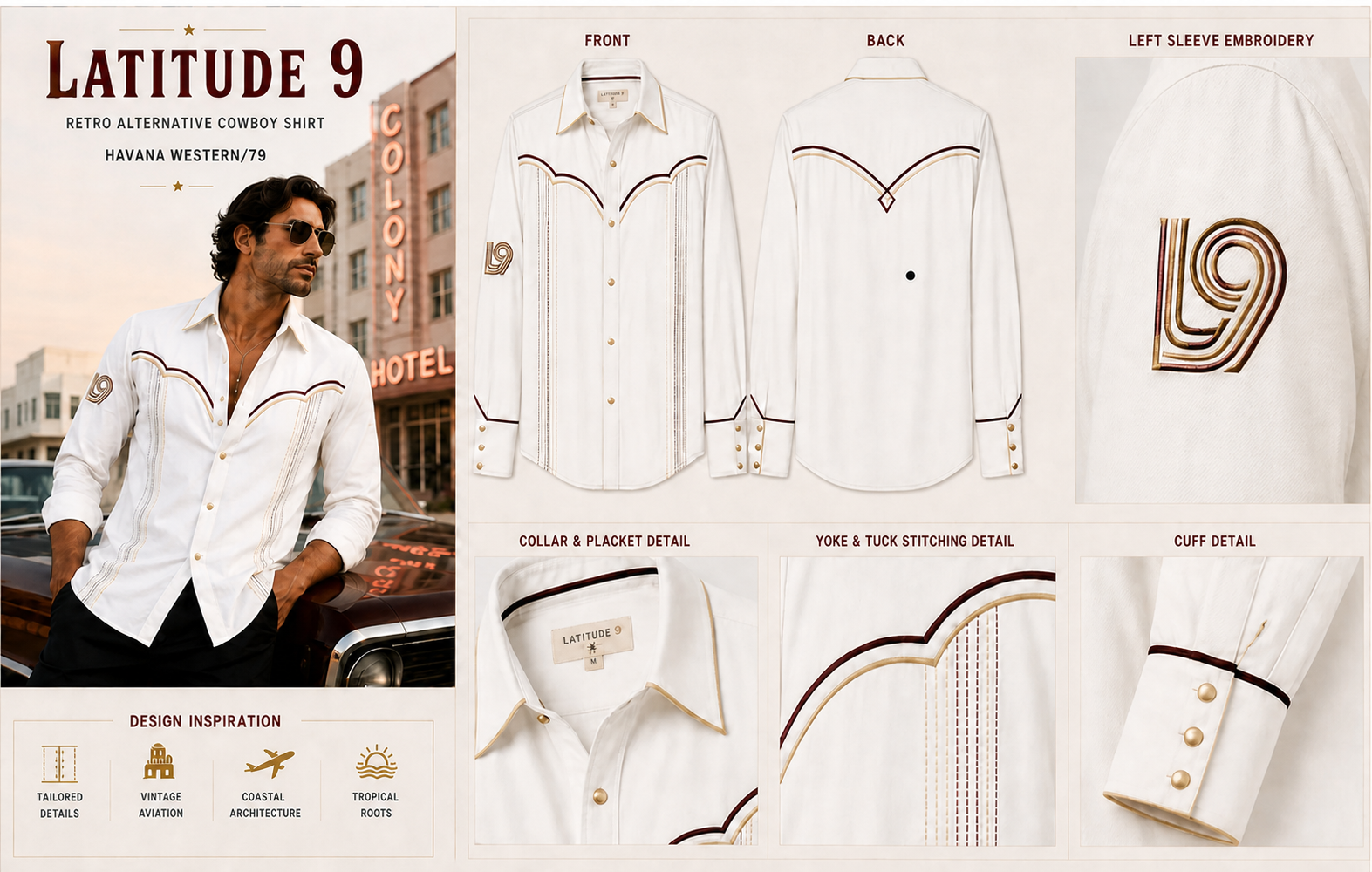 Latitude 9 Western Alternative Fashion Shirt in Warm Cream, shown with front, back, embroidery, collar, yoke, and cuff details