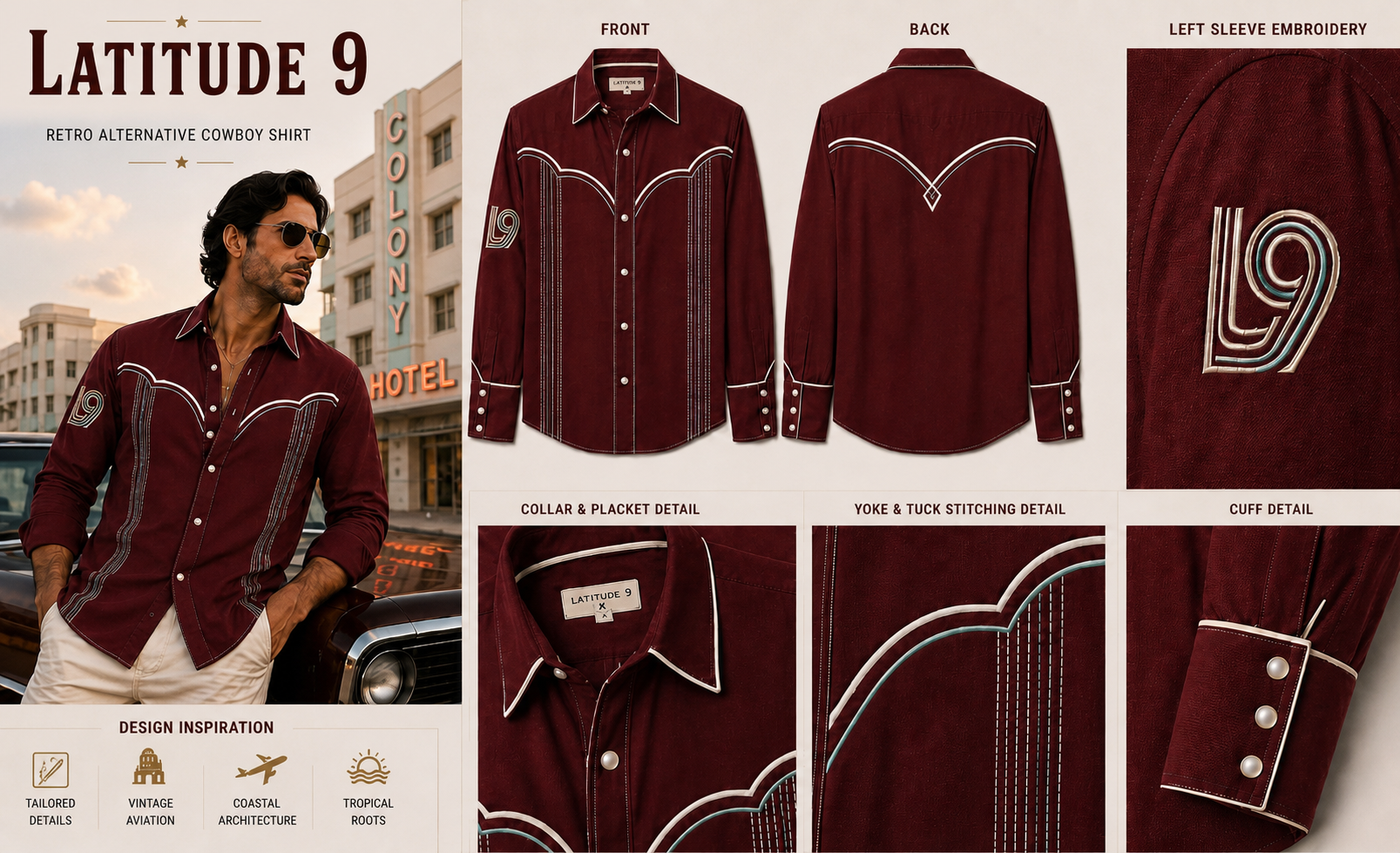Latitude 9 Western Alternative Fashion Shirt in Oxblood, shown with front, back, embroidery, collar, yoke, and cuff details
