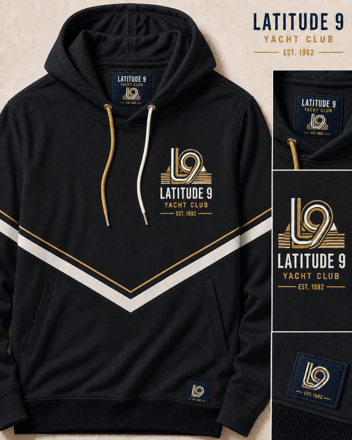 Latitude 9 Yacht Club hoodie in midnight black with a warm-white chevron and antique-gold pinstripes