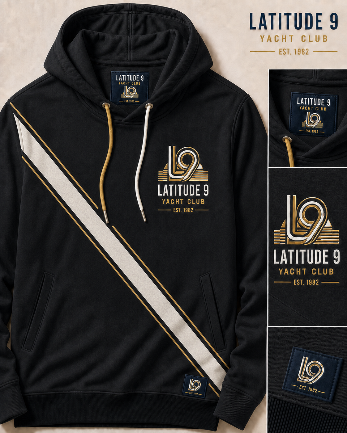 Latitude 9 Yacht Club hoodie in midnight black with a diagonal warm-white racing stripe and antique-gold pinstripes