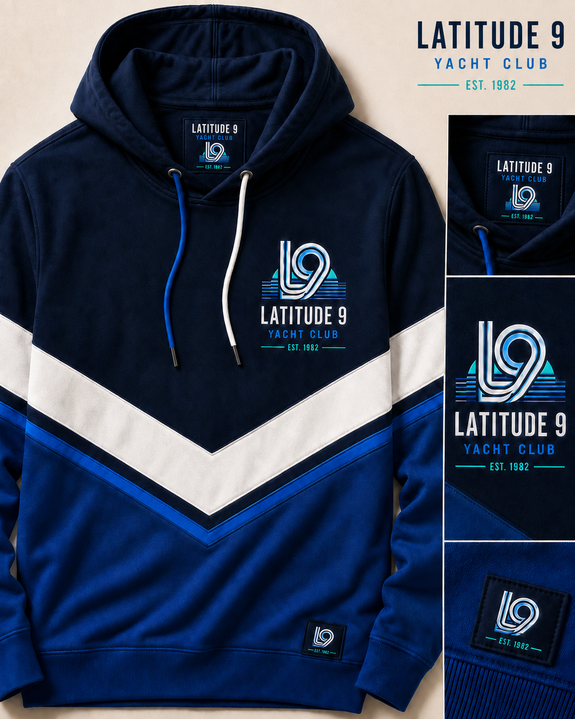 Latitude 9 Yacht Club hoodie in deep navy, royal blue, and warm white