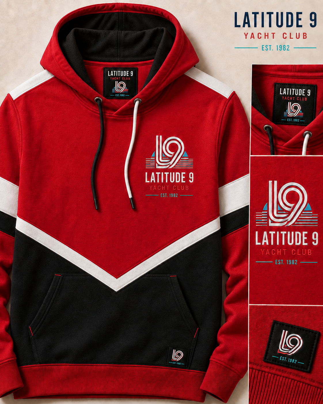Latitude 9 Yacht Club hoodie in signal red, midnight black, and warm white