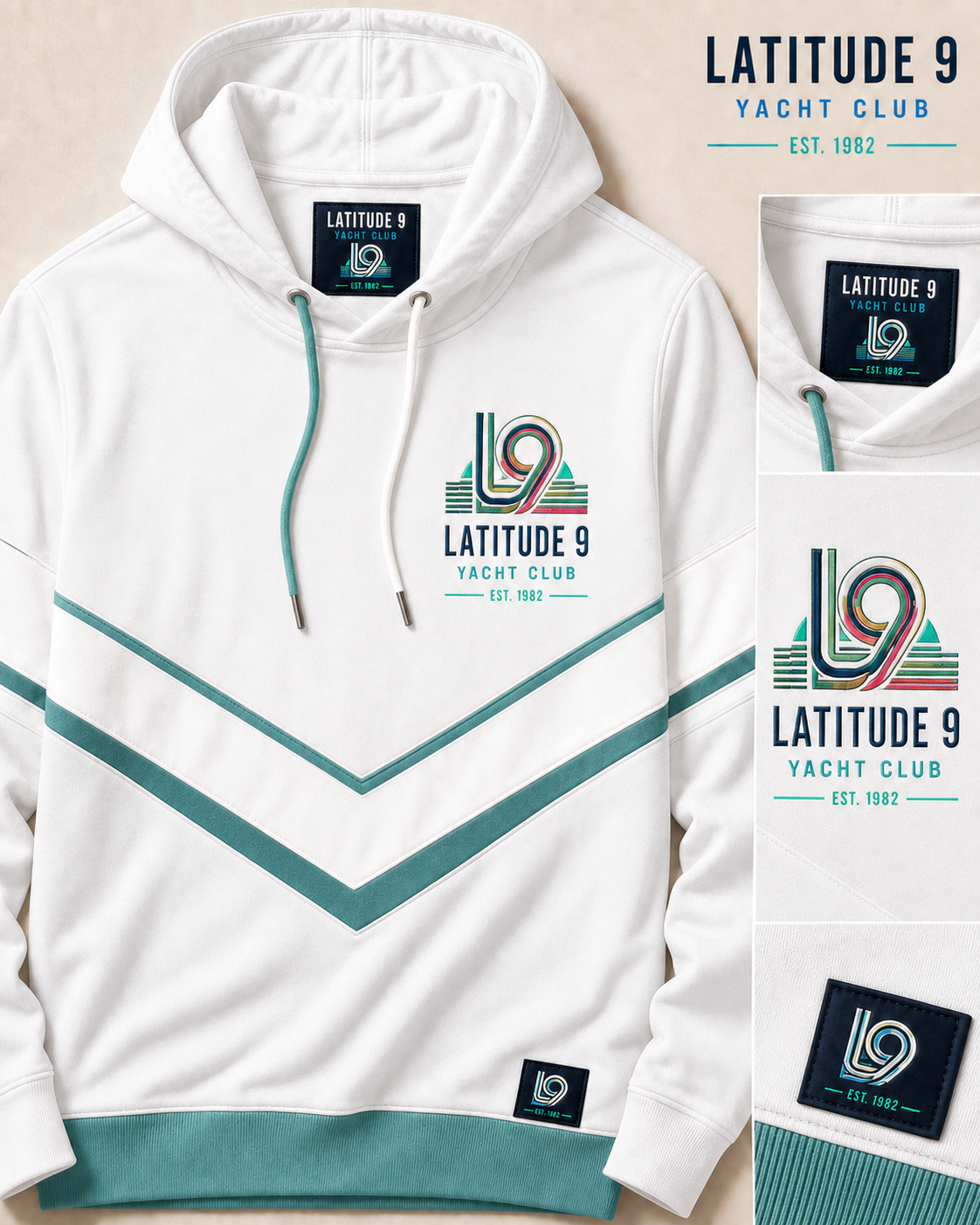 Latitude 9 Yacht Club hoodie in warm white with teal and multicolor L9 branding